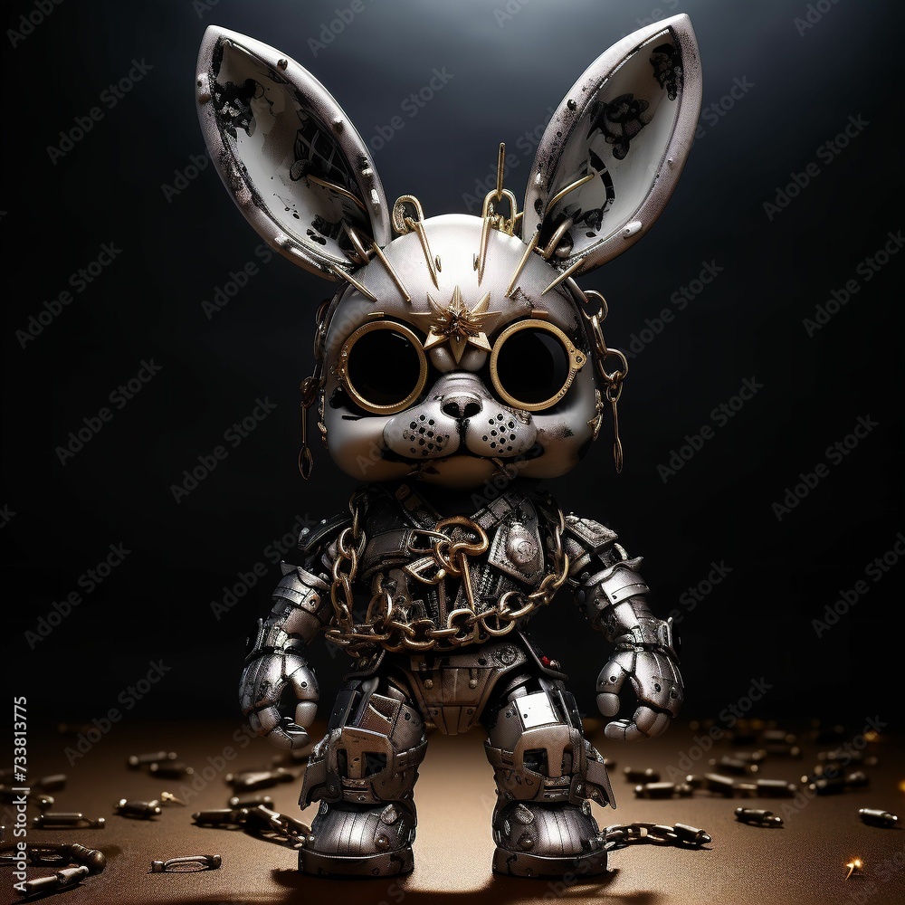 AI generated illustration of a robotic rabbit with metal chains connected to its body AI generated illustration of a robotic rabbit with metal chains connected to its body