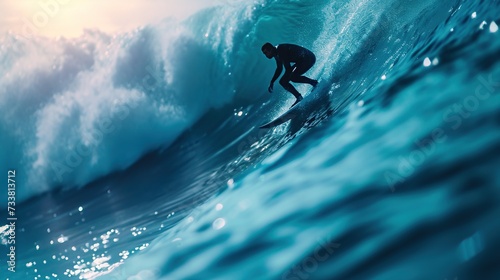 A silhouette of a surfer riding a towering wave encapsulates the dynamic energy of water sports and the thrill of surfing, ideal for adventure-themed design projects. © logonv