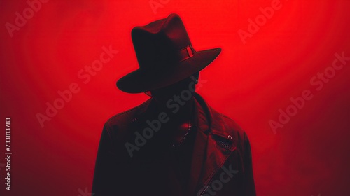 Silhouette of a person with a hat in a monochromatic red background, evoking mystery, style, and intrigue, suitable for artistic or fashion concepts.