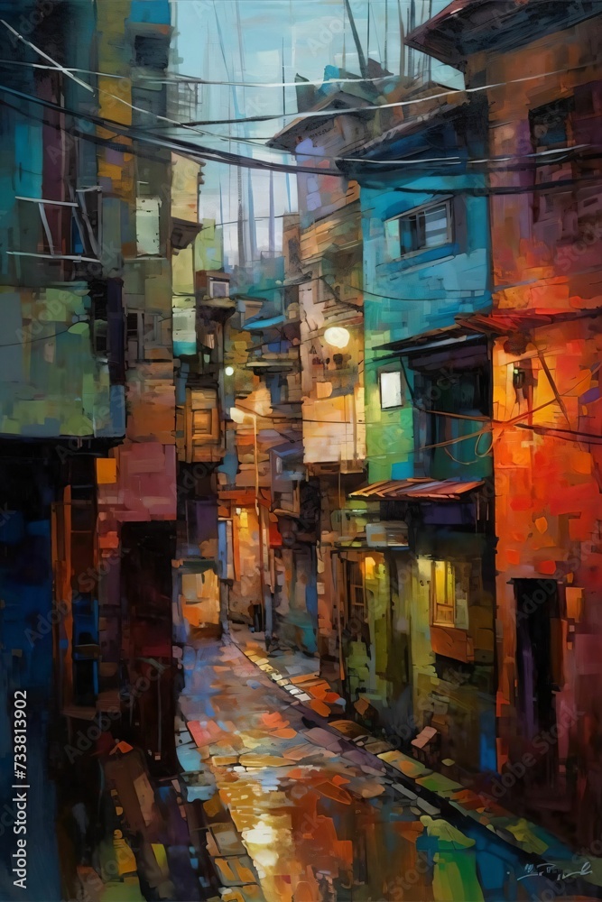 Fototapeta premium AI generated illustration of a vibrant oil painting of a colorful city