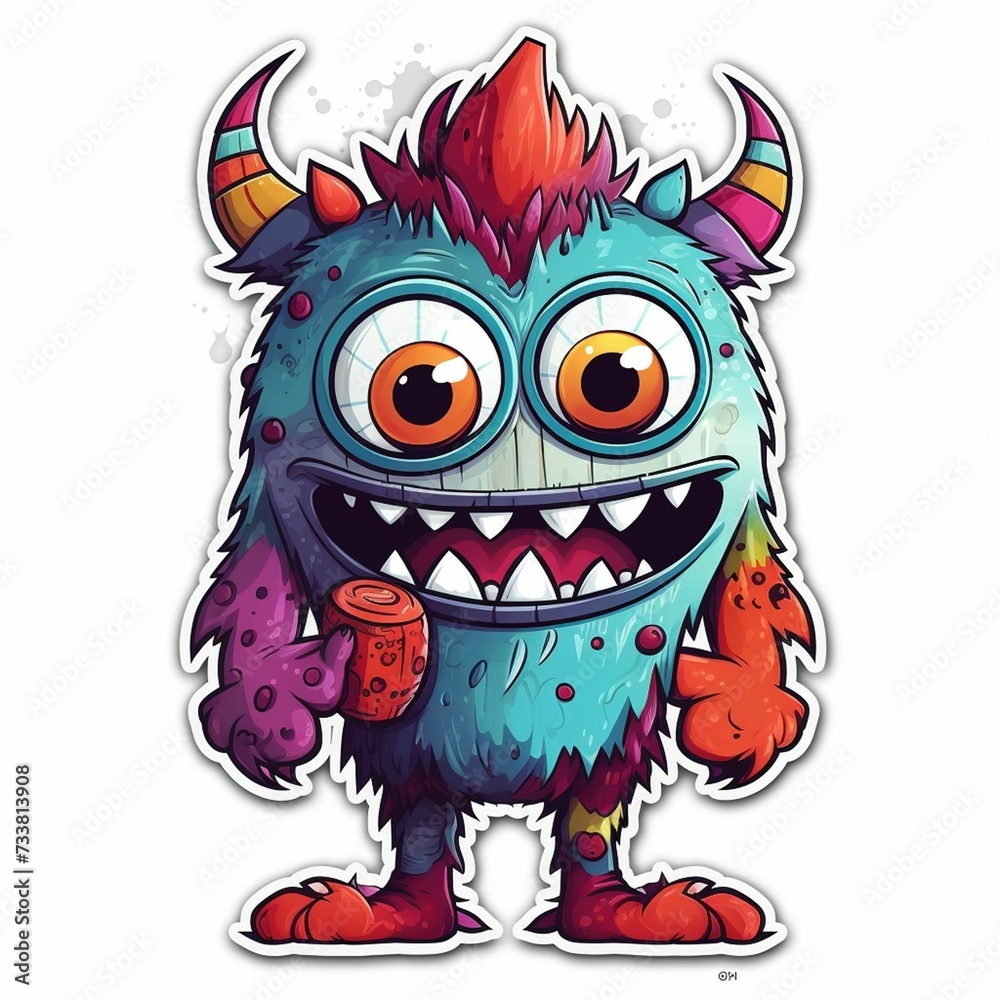 AI generated illustration of a cheerful cartoon monster with two pointed horns with a friendly smile