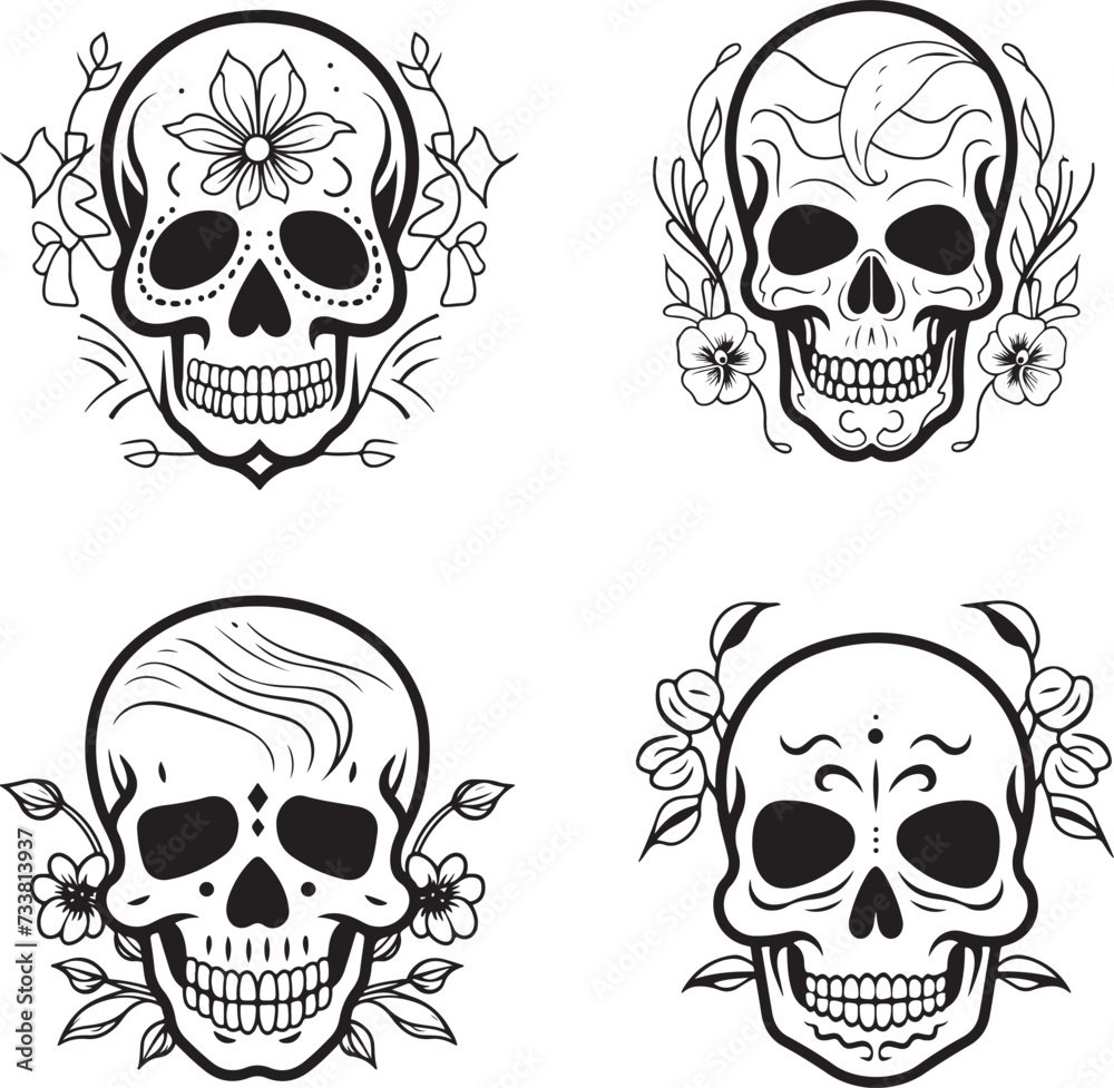 hand drawn mexican skull set illustration