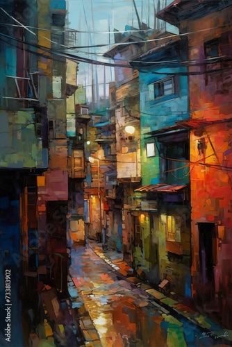 AI generated illustration of a vibrant oil painting of a colorful city © Wirestock
