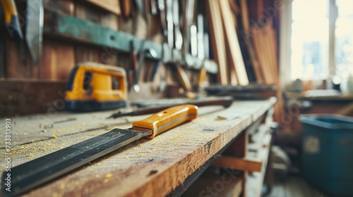 A carpenter's workshop filled with tools and wood shavings, showcasing the art of woodworking and craftsmanship, ideal for trade and DIY themes. photo