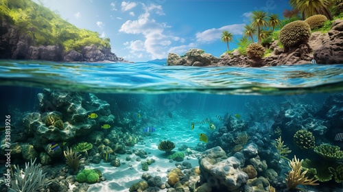 AI generated illustration of an idyllic underwater scene featuring vibrant coral © Wirestock