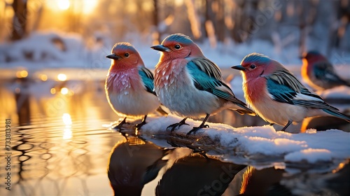 AI generated illustration of a flock of bluebirds perched on a wooden branch near a body of water