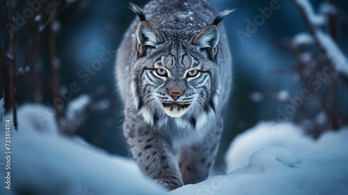 AI generated illustration of a beautiful Lynx sitting in a snow-covered forest