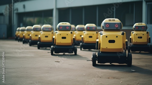 A fleet of yellow automated delivery robots lined up on a tarmac, highlighting the concept of modern logistics and automation technology in an urban setting