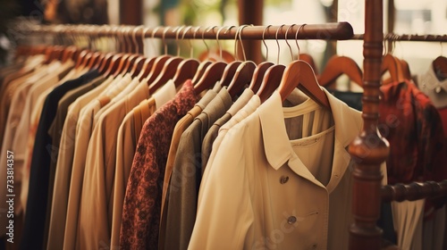 This picture showcases a collection of retro clothing on hangers, ideal for themes of fashion design and vintage lifestyle