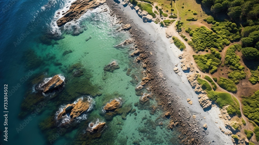A breathtaking aerial perspective showcases a pristine coastline with crystal-clear waters meeting a diverse landscape, ideal for nature and travel features, potentially with space for text