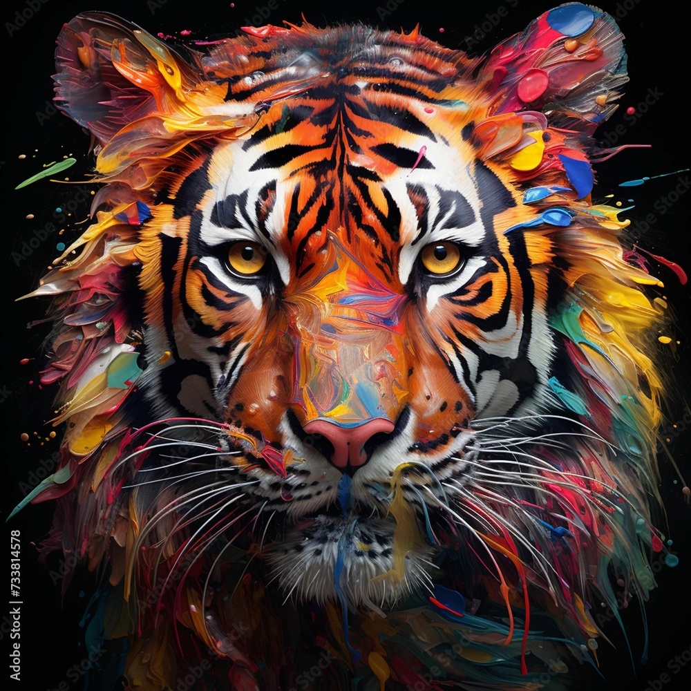 AI generated illustration of a Bengal tiger in vibrant colorful paints