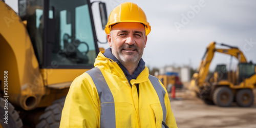 Baugeräteführer steht vor Baustellenfahrzeug und lächelt in die Kamera photo