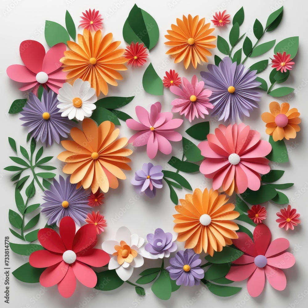 A collection of paper cutout flowers in full bloom, featuring rich colors