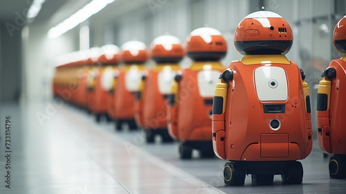 A queue of orange robots showcasing automation and robotics in an industrial environment. Perfect for technology and industrial design themes