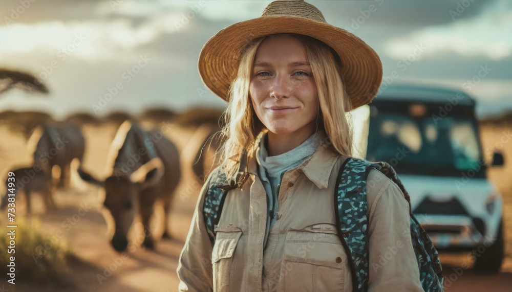 Young woman in adventurer outfit on african safari. Some blurred animals and off road vehicle background