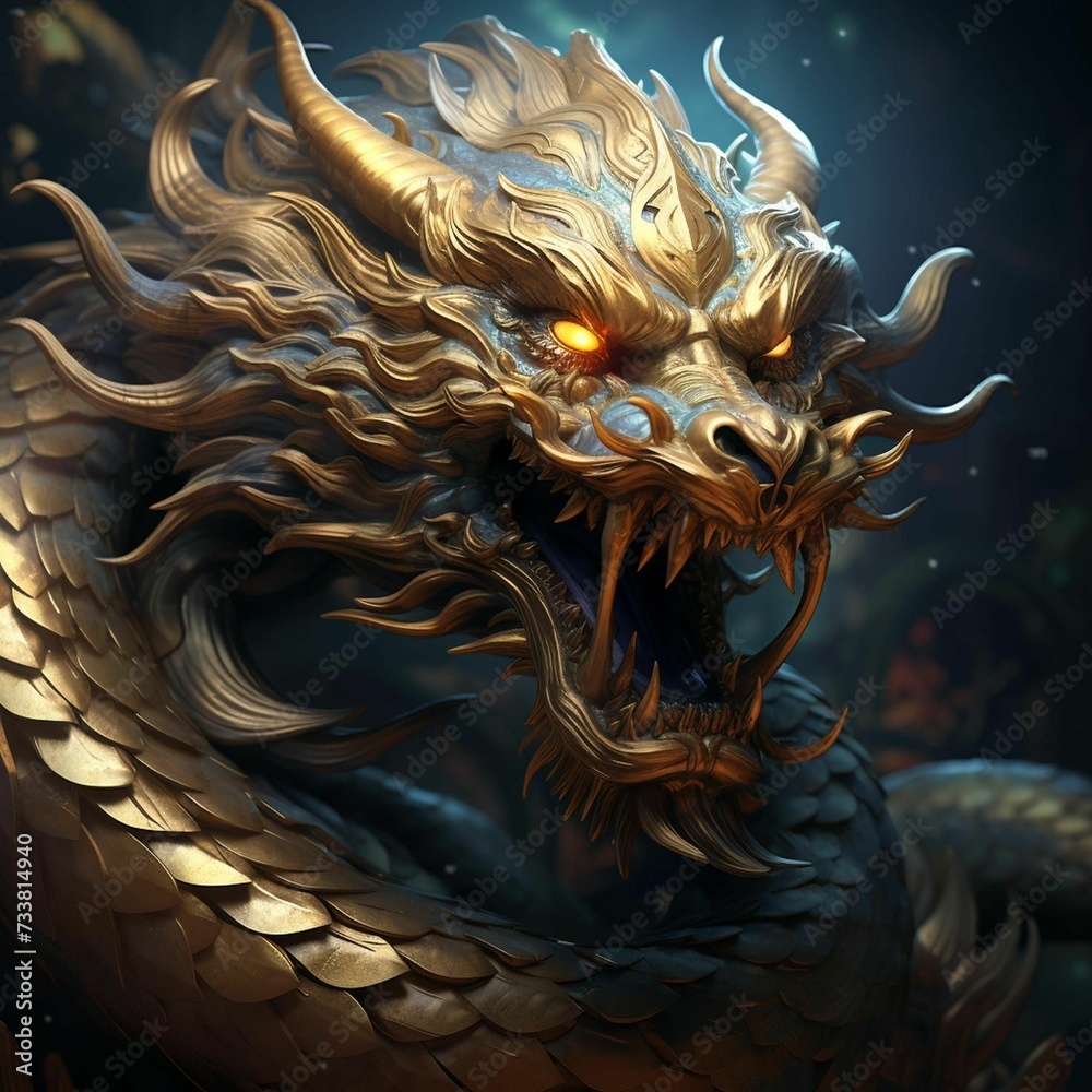 AI generated illustration of a majestic golden dragon against a dark, mysterious backdrop