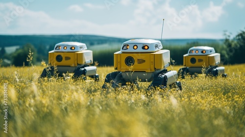 Robotic exploration in a vibrant field under the clear sky represents innovation in agriculture technology. Suitable for a technology background, advertising, or educational purposes