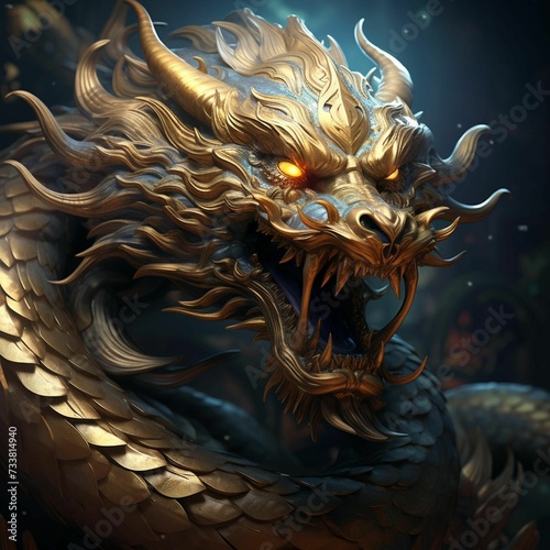 AI generated illustration of a majestic golden dragon against a dark, mysterious backdrop
