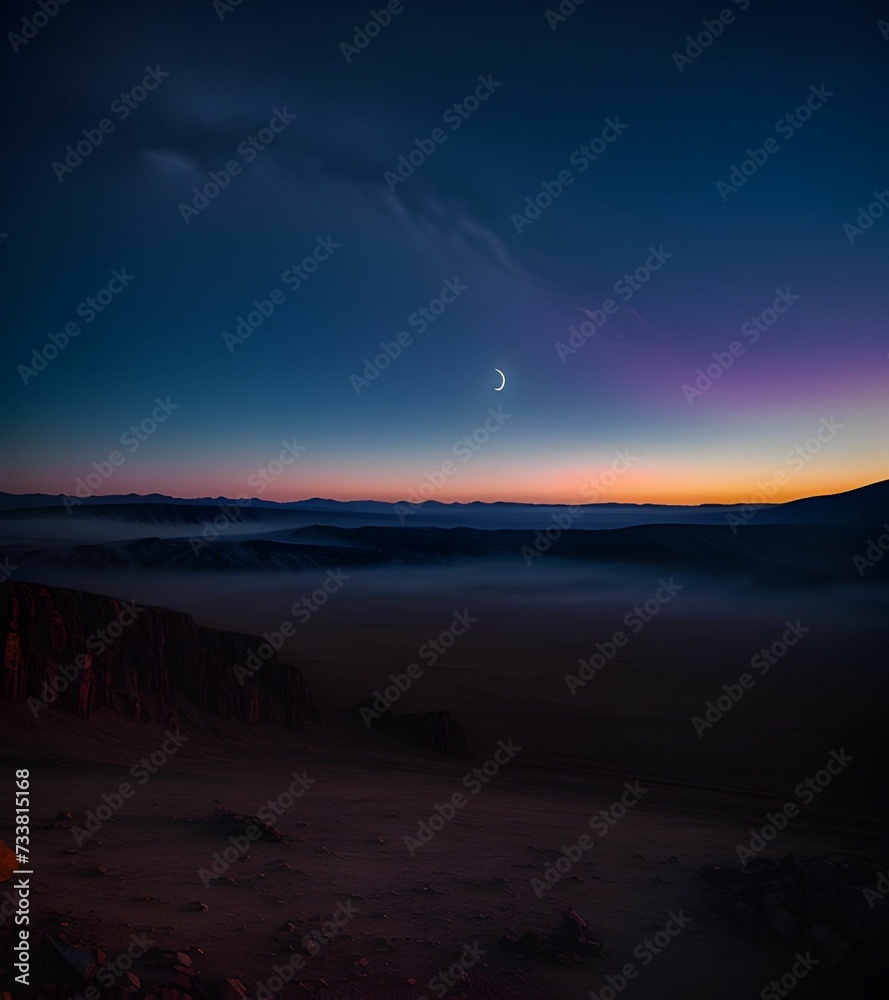 AI generated illustration of a night sky with the moon above silhouetting the sand dunes below