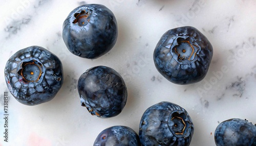 AI generated illustration of ripe blueberries on a white marble table