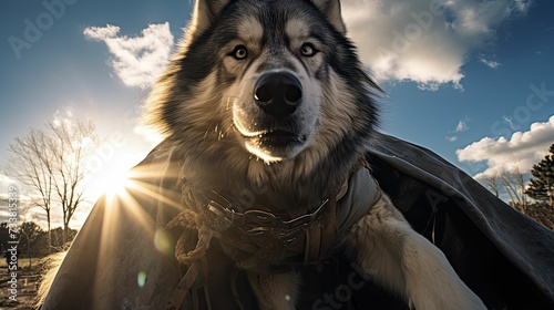 a husky is wearing a cape and the sun behind him © Wirestock