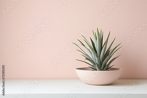 Minimalist Houseplant in Pink Pot on White Modern Shelf