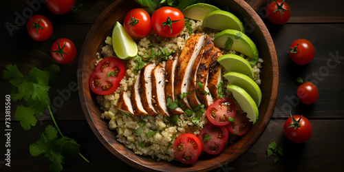 A plate of food with chicken rice avocado and garbs. Colorful couscous salad with grilled chicken avocado black beans and lime dressing.
