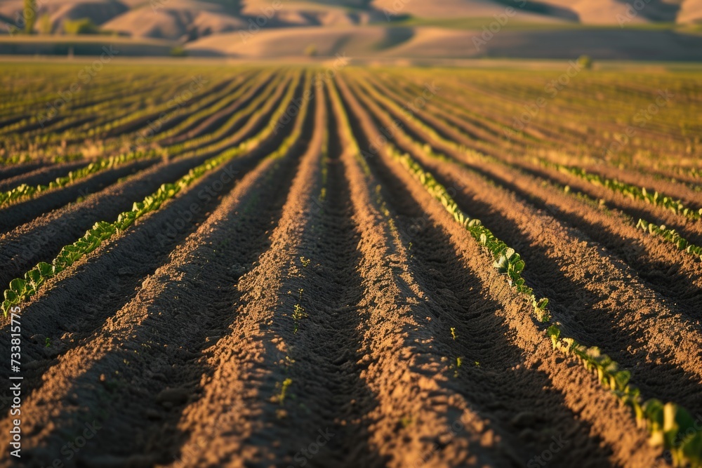Idahos fertile farm fields showcase morning potato rows.