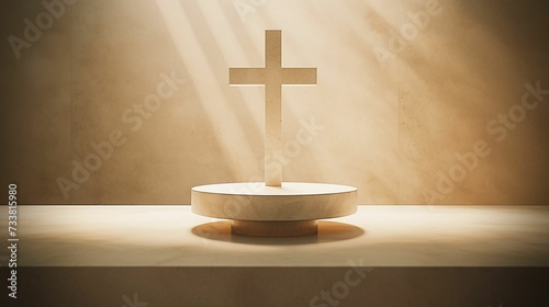 AI generated illustration of a marble cross in a brightly lit environment in cream colors