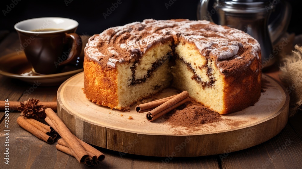 Delicious Coffee Cake with Cinnamon Swirl and Crumb Topping on Rustic Wooden Plate for Snack
