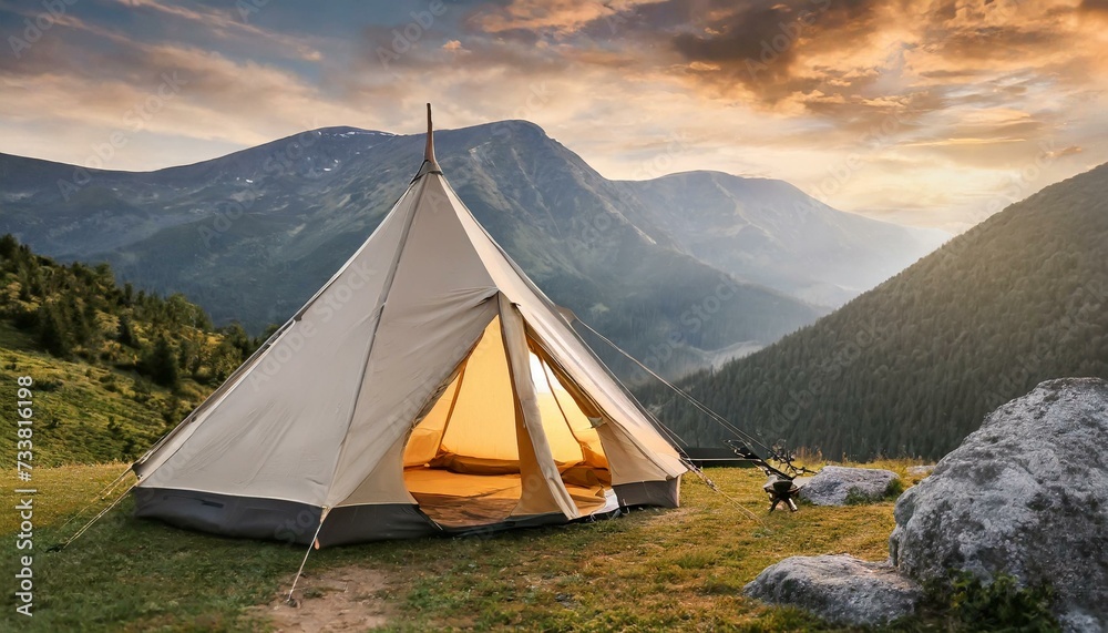 Luxury Among Peaks: Stylish Glamping Tent Embraces Mountain Sunset