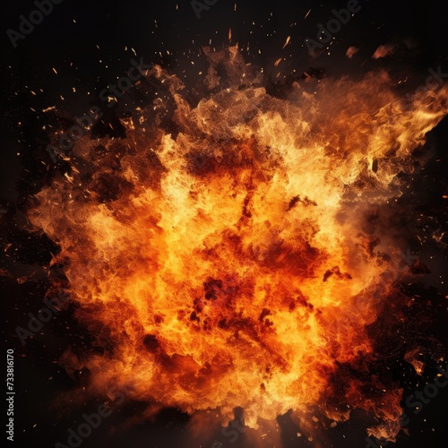 Explosion of Fire on a Black Background with Hot Yellow Flames and Bright Spark Light © Web