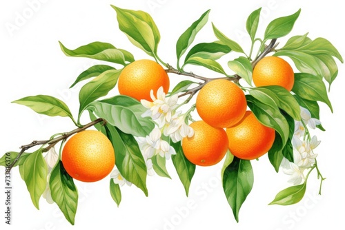 Botanical Painting of Fresh Mandarin Orange Branches with Leaves, Flowers and Citrus Fruits 
