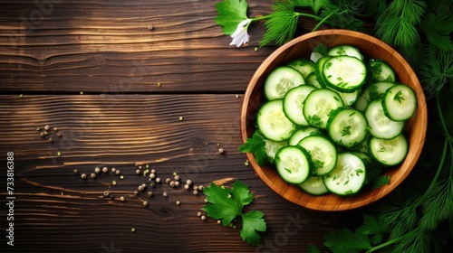 Cucumber Salad in Bowl on Wooden Background. View from Top with Delicious Onion and Spinach.
