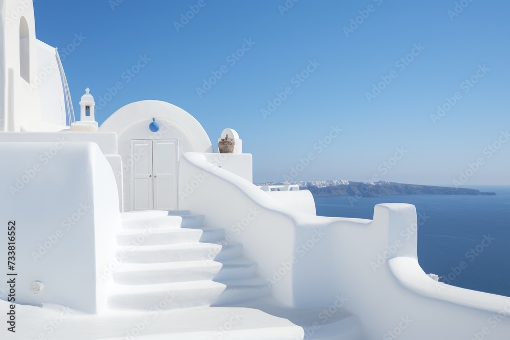Discovering the Charm of Oia, Santorini: The White Stairs Leading to a Mediterranean Terrace. - obrazy, fototapety, plakaty 