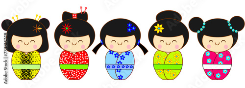 Cute and sweet traditional Japanese Kokeshi dolls set. Kawaii asian girls in kimono. 