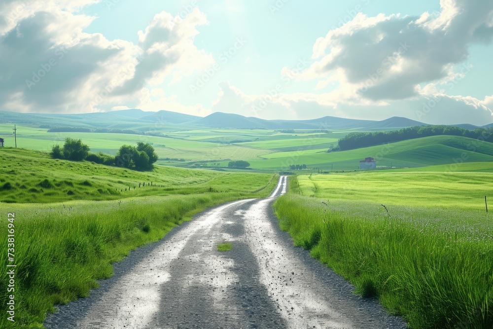 Spring landscape with country road and green farmland.