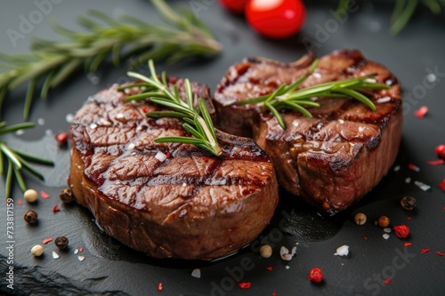 two grilled heart shape delicious steaks are arranged on a black table with red cherries and green leaves