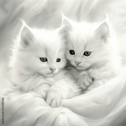 AI generated illustration of adorable white kittens in grayscale