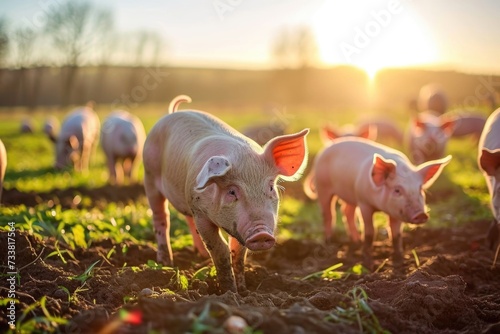 Pigs and piglets in muddy pasture at sunset. photo