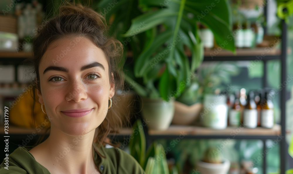 Smiling Young Woman, Eco-Friendly Local Store, Organic and Eco Cosmetics, Shop with Green Plants and Wooden Shelves. Sustainable Business Habits Concept, Entrepreneur, Businesswoman. Smiling Young Woman, Eco-Friendly Local Store, Organic and Eco Cosmetics, Shop with Green Plants and Wooden Shelves. Sustainable Business Habits Concept, Entrepreneur, Businesswoman.