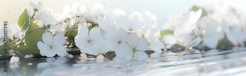 closeup image of beautiful white flowers with green leaves are floating in a lake above water during sunshine in the morning