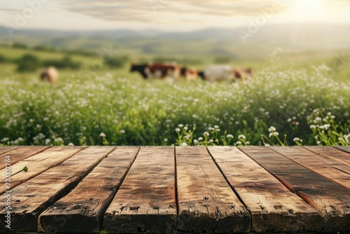 Wooden table with grass and cows background.