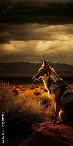AI generated illustration of a wolf in the sunlight in a lush field on a cloudy day
