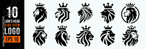Lion Logo Set. Lion's Head Side View Logo With Crown Premium Design Collection. Vector Illustration Icon Template