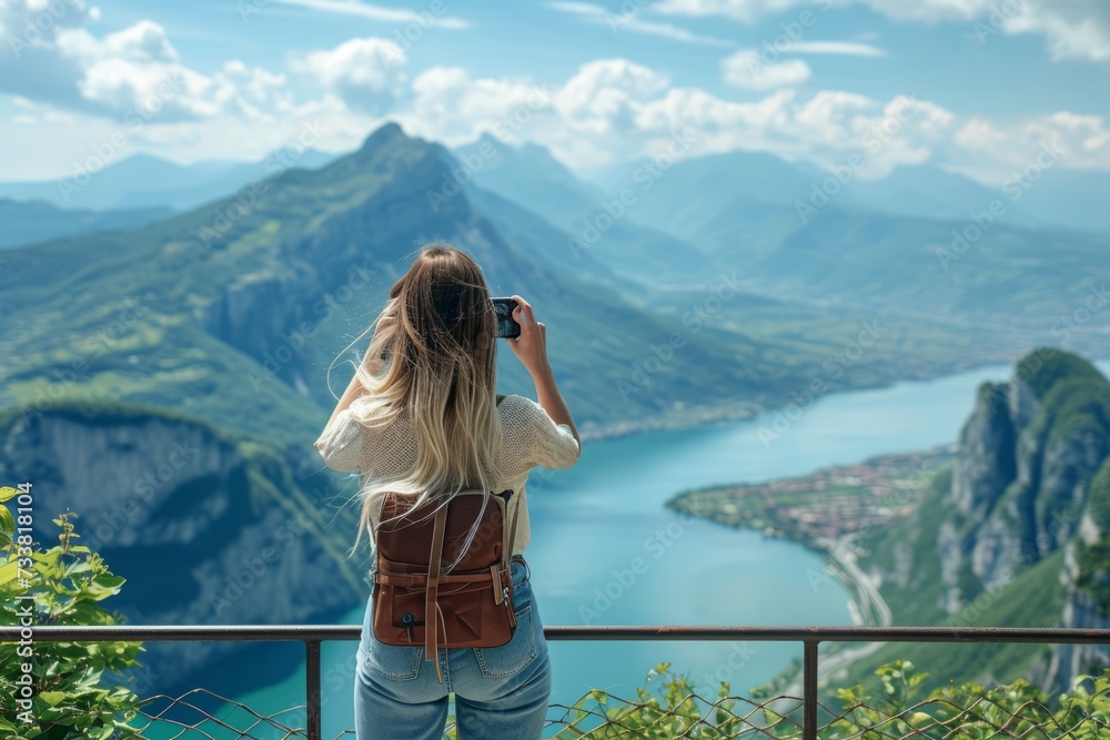 Girl taking photos with her cell phone horizontally at a nice viewpoint. Travel concept, social networks