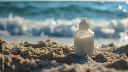 Cosmetic cream in a plastic bottle on a sandy beach, the sea on the background. Eco concept. Photorealistic nature background with bokeh effect. 