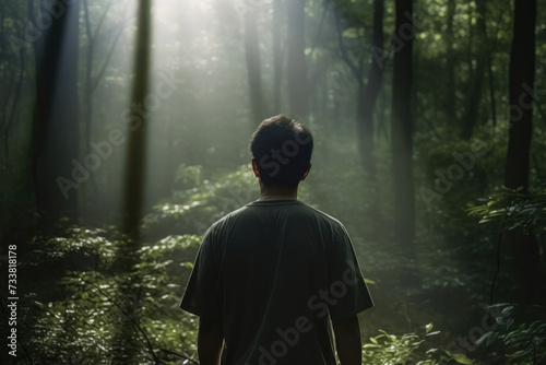 男性, 森, 佇む男性, 男性の後ろ姿, 森の中に佇む男性の後ろ姿, male, forest, standing male, male back view, male back view standing in forest