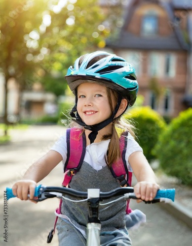 Cute little girl in bicycle helmet having fun by riding bicycle