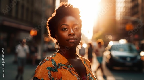 AI generated illustration of a beautiful black American woman in the street at sunset photo